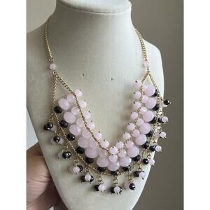 NWT LISA E Gold Tone Chain Pink Black bead Statement Necklace